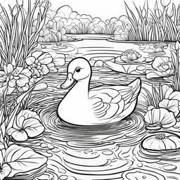 A detailed black and white colouring book page featuring an adorable duck in a pond setting.