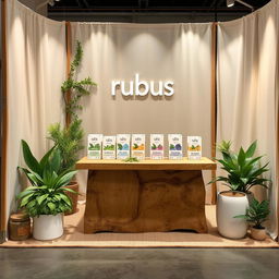 A cozy and eco-friendly stand setup for a herbal cigarettes brand called 'rubus'