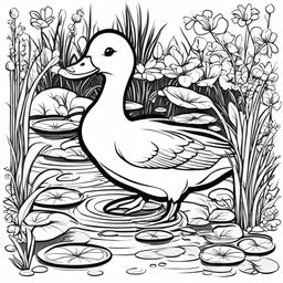 A detailed black and white colouring book page featuring an adorable duck in a pond setting.