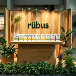 A cozy and eco-friendly stand setup for a herbal cigarettes brand called 'rubus'
