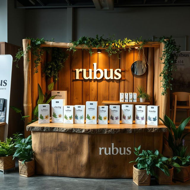 A cozy and eco-friendly stand setup for a herbal cigarettes brand called 'rubus'