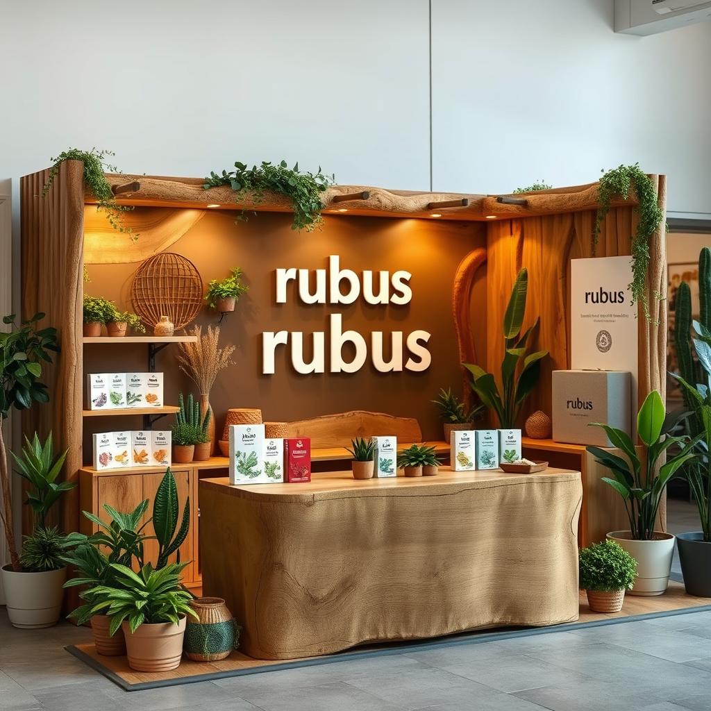 A cozy and eco-friendly stand setup for a herbal cigarettes brand called 'rubus'