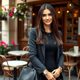 A European woman aged between 30 to 45 years, elegantly dressed with dark hair