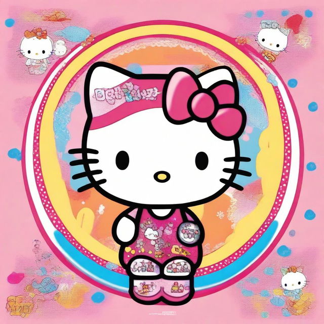 Detailed image of Hello Kitty with radiant colors and intricate details, cheerfully holding up a large sign that declares 'Owns'