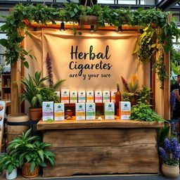 A cozy and eco-friendly stand setup for a herbal cigarettes brand featuring a natural aesthetic with wooden elements, lush greenery, and warm, soft lighting