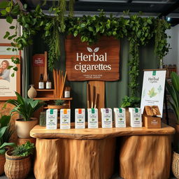 A cozy and eco-friendly stand setup for a herbal cigarettes brand featuring a natural aesthetic with wooden elements, lush greenery, and warm, soft lighting