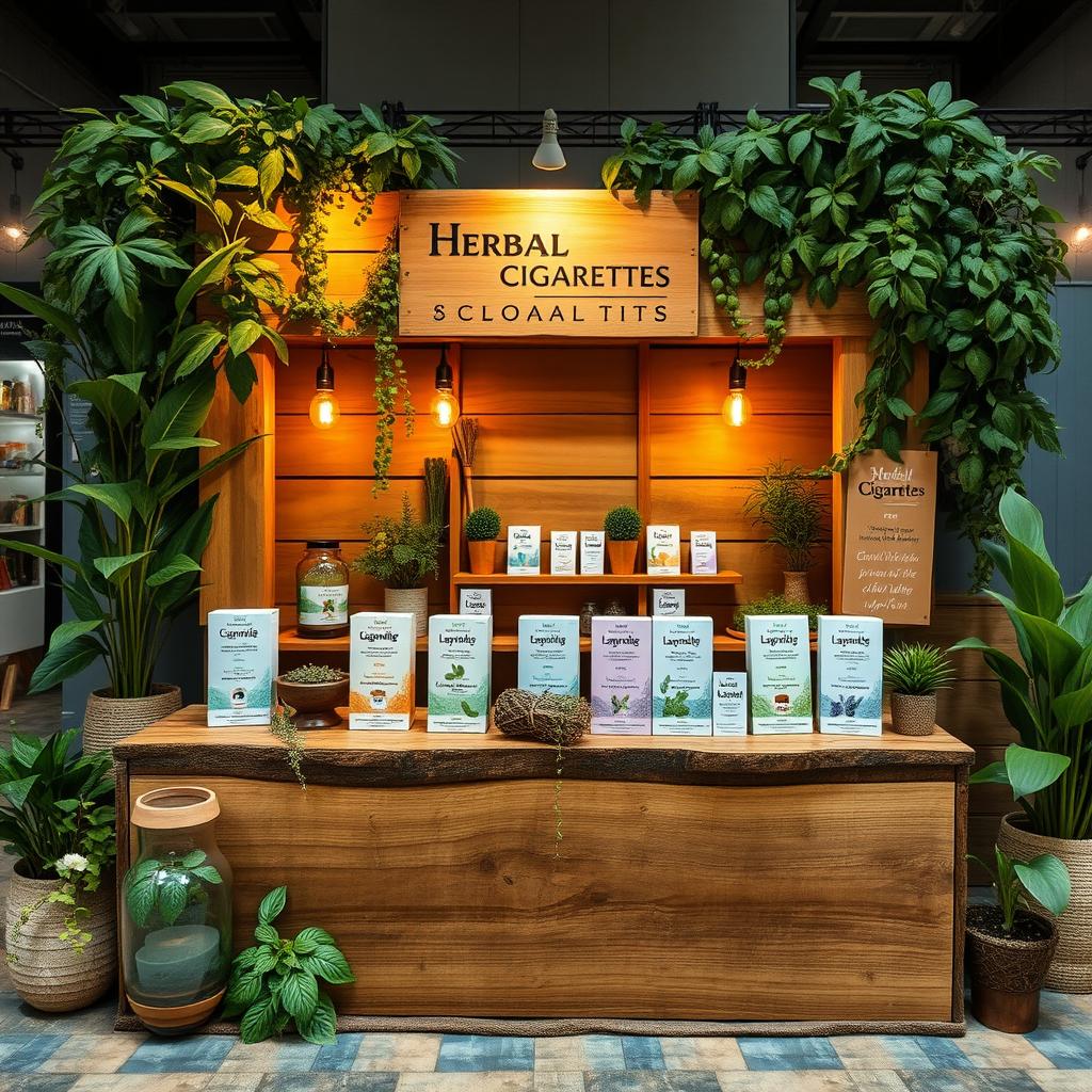 A cozy and eco-friendly stand setup for a herbal cigarettes brand featuring a natural aesthetic with wooden elements, lush greenery, and warm, soft lighting