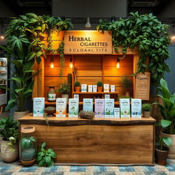 A cozy and eco-friendly stand setup for a herbal cigarettes brand featuring a natural aesthetic with wooden elements, lush greenery, and warm, soft lighting