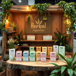 A cozy and eco-friendly stand setup for a herbal cigarettes brand featuring a natural aesthetic with wooden elements, lush greenery, and warm, soft lighting