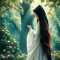 A breathtaking book cover that features a heavenly and realistic nature background, overflowing with vibrant greenery, blooming flowers, and soft, radiant sunlight filtering through the trees, creating a serene and idyllic atmosphere
