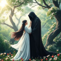 A breathtaking book cover that features a heavenly and realistic nature background, overflowing with vibrant greenery, blooming flowers, and soft, radiant sunlight filtering through the trees, creating a serene and idyllic atmosphere