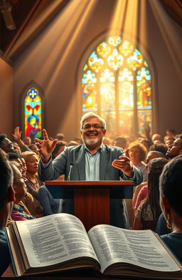 A dramatic scene depicting a passionate preacher delivering a heartfelt sermon in a vibrant church