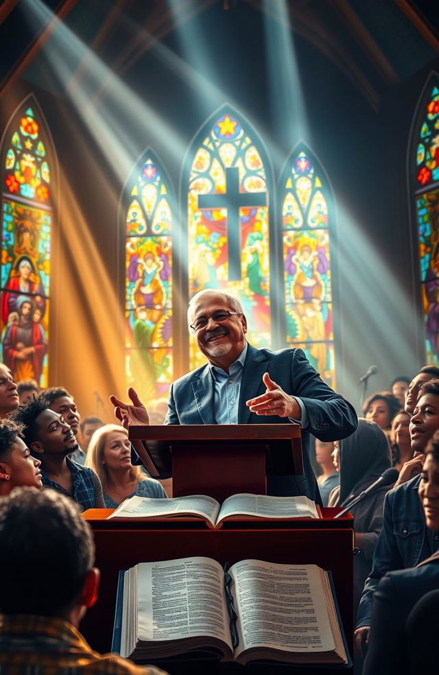 A dramatic scene depicting a passionate preacher delivering a heartfelt sermon in a vibrant church