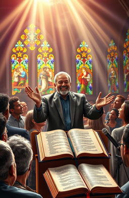 A dramatic scene depicting a passionate preacher delivering a heartfelt sermon in a vibrant church