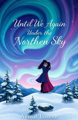 A captivating book cover illustration for 'Until We Meet Again Under the Northern Sky', featuring two lovers embracing under a stunning display of northern lights