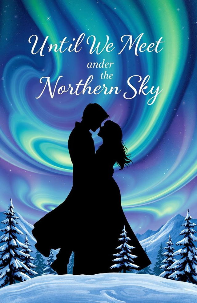 A captivating book cover illustration for 'Until We Meet Again Under the Northern Sky', featuring two lovers embracing under a stunning display of northern lights