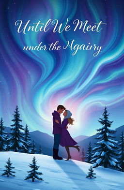 A captivating book cover illustration for 'Until We Meet Again Under the Northern Sky', featuring two lovers embracing under a stunning display of northern lights