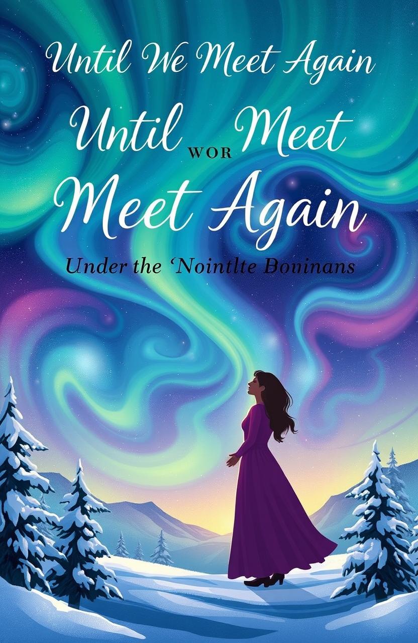 A captivating book cover illustration for 'Until We Meet Again Under the Northern Sky', featuring two lovers embracing under a stunning display of northern lights