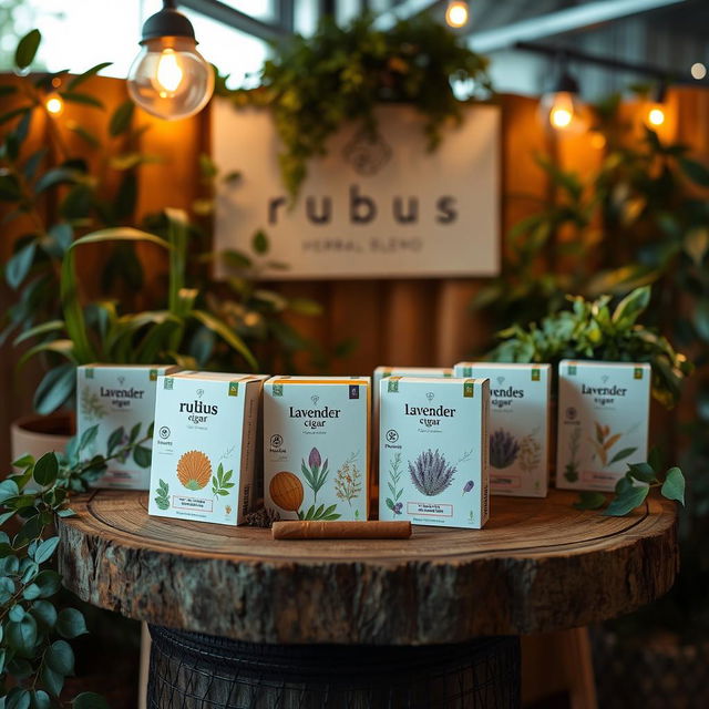 A cozy and eco-friendly stand setup for a herbal cigarettes brand called rubus