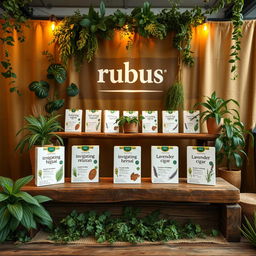 A cozy and eco-friendly stand setup for a herbal cigarettes brand called rubus