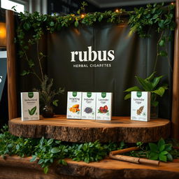 A cozy and eco-friendly stand setup for a herbal cigarettes brand called rubus