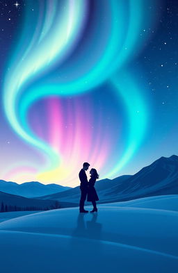 An enchanting book cover illustration featuring two lovers meeting under a stunning display of vibrant northern lights