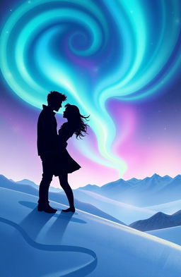 An enchanting book cover illustration featuring two lovers meeting under a stunning display of vibrant northern lights