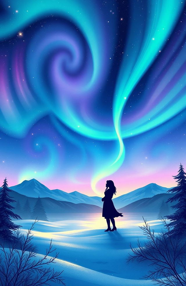 An enchanting book cover illustration featuring two lovers meeting under a stunning display of vibrant northern lights