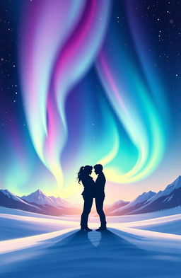 An enchanting book cover illustration featuring two lovers meeting under a stunning display of vibrant northern lights