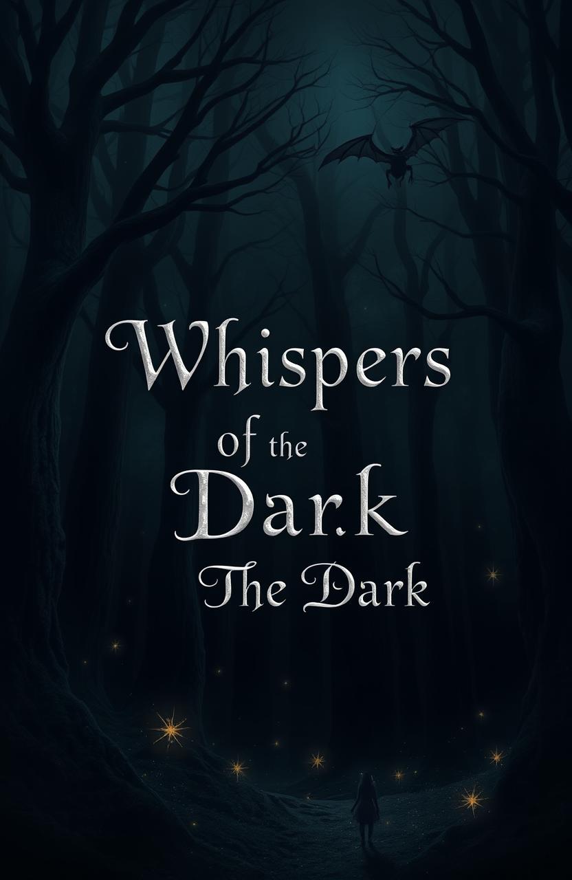 A mystical book cover design featuring a very dark, enchanted forest as the background, filled with towering ancient trees, shadows, and a sense of mystery