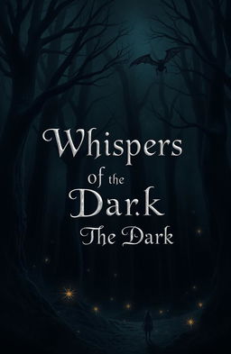 A mystical book cover design featuring a very dark, enchanted forest as the background, filled with towering ancient trees, shadows, and a sense of mystery