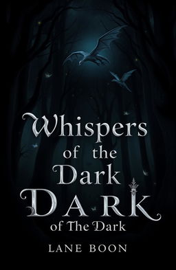 A mystical book cover design featuring a very dark, enchanted forest as the background, filled with towering ancient trees, shadows, and a sense of mystery