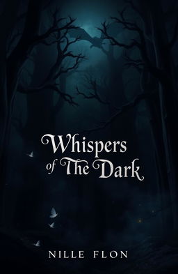 A mystical book cover design featuring a very dark, enchanted forest as the background, filled with towering ancient trees, shadows, and a sense of mystery