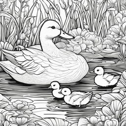 A detailed black and white colouring book page featuring an adorable duck with her ducklings in a pond setting.