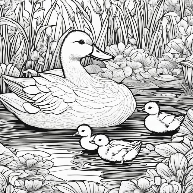 A detailed black and white colouring book page featuring an adorable duck with her ducklings in a pond setting.