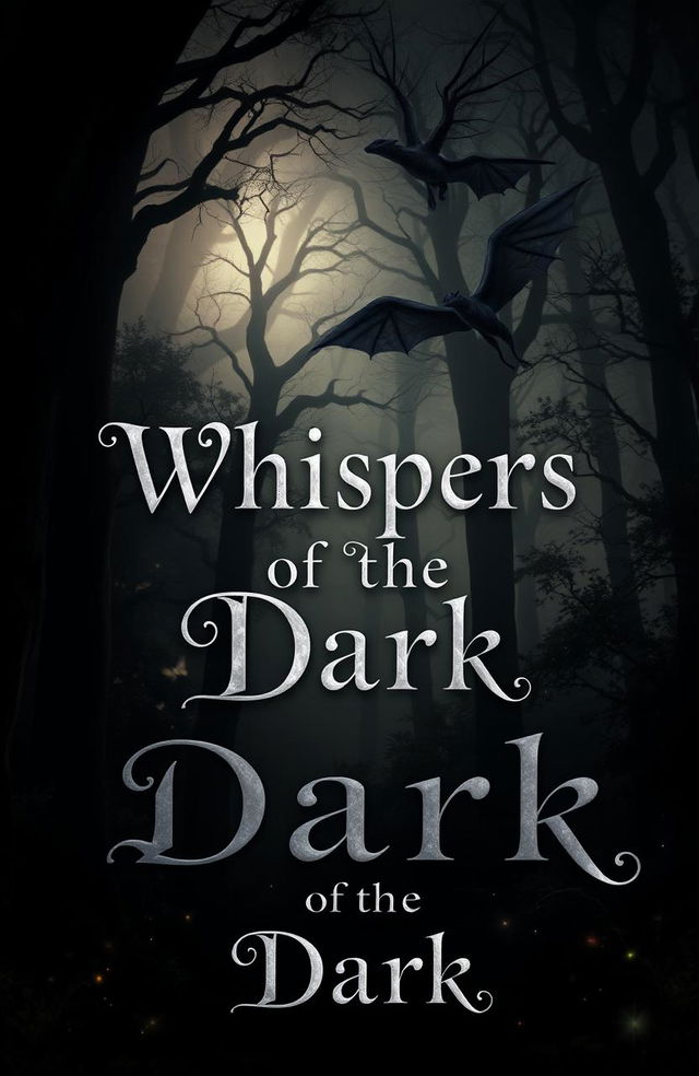 A mystical book cover design featuring a very dark, enchanted forest as the background, filled with towering ancient trees, shadows, and a sense of mystery