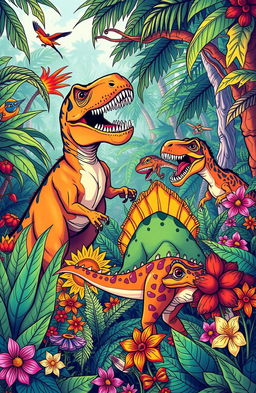 A vibrant jungle scene filled with various dinosaurs, including a T-Rex, Triceratops, and Velociraptors, surrounded by lush greenery and colorful flowers