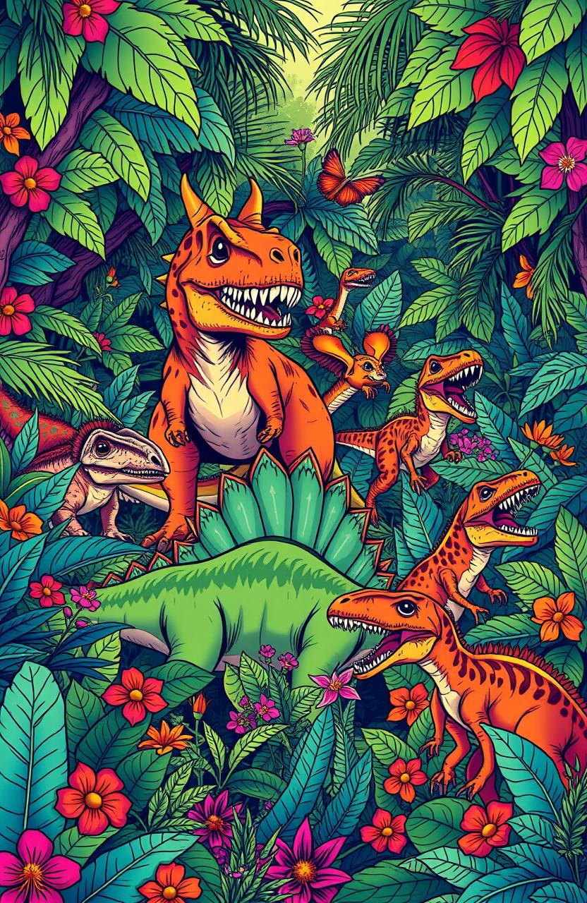 A vibrant jungle scene filled with various dinosaurs, including a T-Rex, Triceratops, and Velociraptors, surrounded by lush greenery and colorful flowers