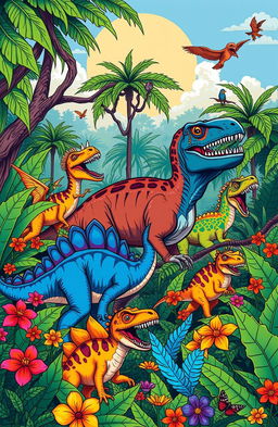 A vibrant jungle scene filled with various dinosaurs, including a T-Rex, Triceratops, and Velociraptors, surrounded by lush greenery and colorful flowers