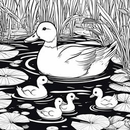 A detailed black and white colouring book page featuring an adorable duck with her ducklings in a pond setting.