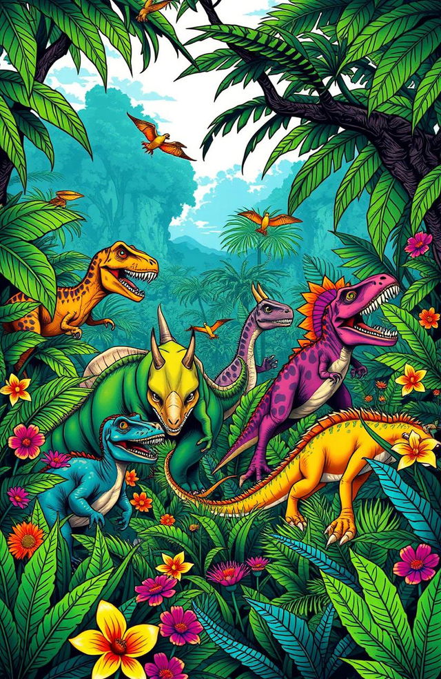 A vibrant jungle scene filled with various dinosaurs, including a T-Rex, Triceratops, and Velociraptors, surrounded by lush greenery and colorful flowers