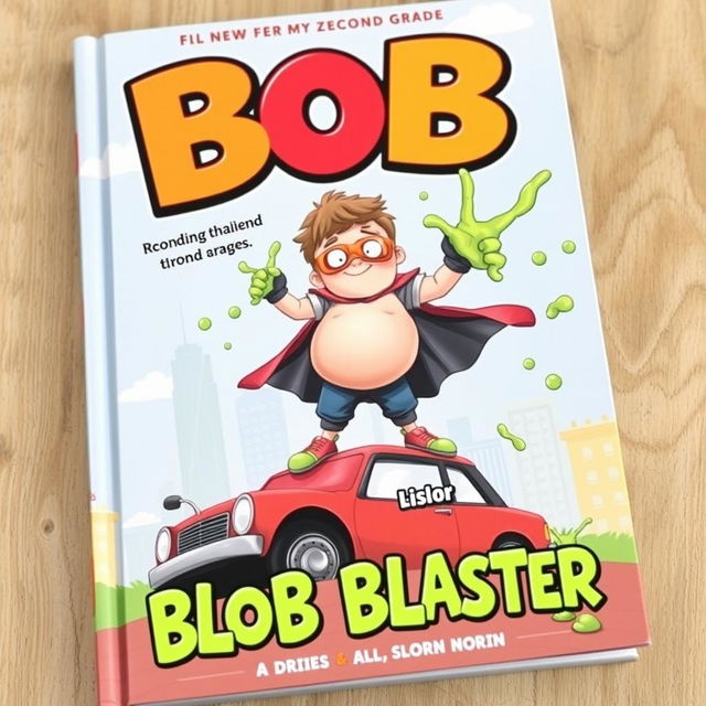 A dynamic and colorful book cover featuring a chubby second-grade boy with a big belly, dressed in a playful superhero costume