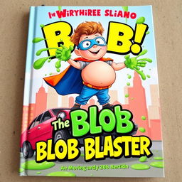 A dynamic and colorful book cover featuring a chubby second-grade boy with a big belly, dressed in a playful superhero costume