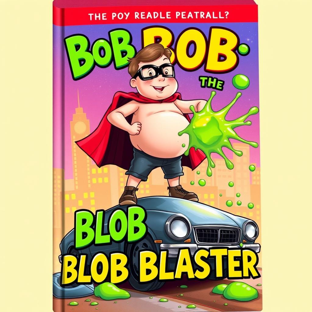 A dynamic and colorful book cover featuring a chubby second-grade boy with a big belly, dressed in a playful superhero costume