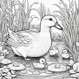 A detailed black and white colouring book page featuring an adorable duck with her ducklings in a pond setting.