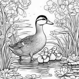 A detailed black and white colouring book page featuring an adorable duck with her ducklings in a pond setting.