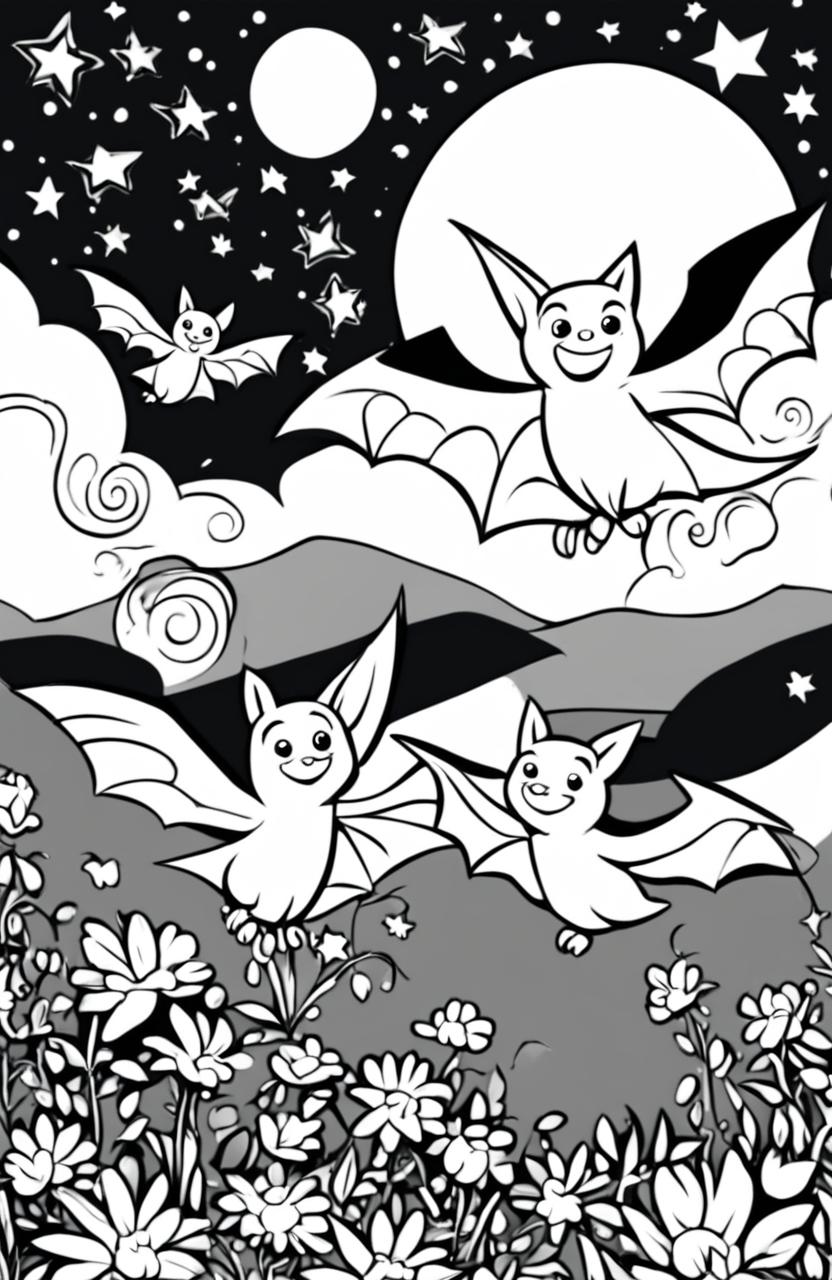 A child-friendly coloring page featuring an adorable family of cartoonish bats in mid-flight against a starry night sky background