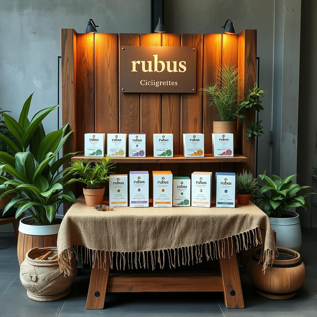 A cozy and eco-friendly medium stand setup for a herbal cigarettes brand called 'rubus'