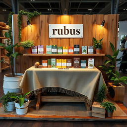 A cozy and eco-friendly medium stand setup for a herbal cigarettes brand called 'rubus'