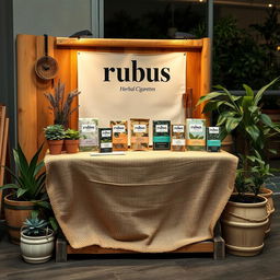 A cozy and eco-friendly medium stand setup for a herbal cigarettes brand called 'rubus'